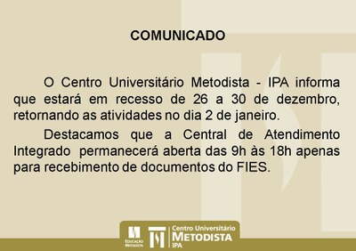 Comunicado - Atendimento de 26 a 30 de dezembro