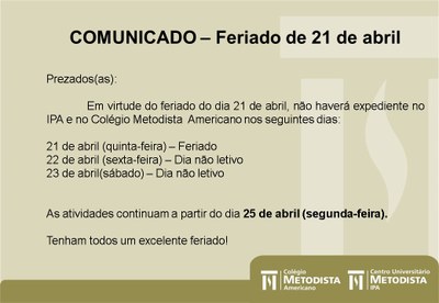 Comunicado - Feriado 21 de abril