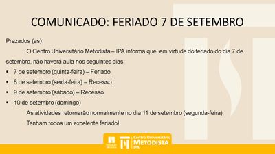 Comunicado: Feriado 7 de setembro