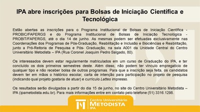 IPA abre inscrições para Bolsas de Iniciação Científica e Tecnológica